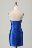 Beaded Strapless Tight Royal Blue Homecoming Dress with Slit