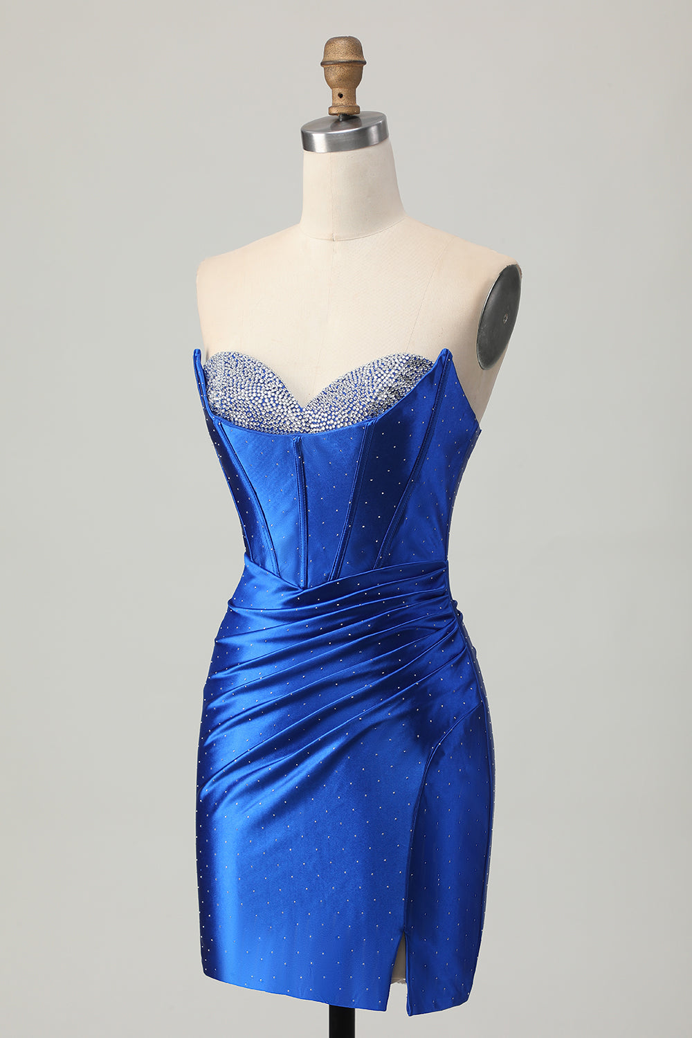 Beaded Strapless Tight Royal Blue Homecoming Dress with Slit