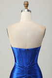 Beaded Strapless Tight Royal Blue Homecoming Dress with Slit