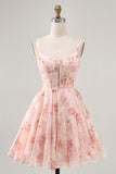 Blush Floral A Line Cut Out Corset Printed Homecoming Dress
