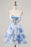 White Blue Flower Strapless Tiered Corset Homecoming Dress