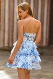 Floral White Blue Keyhole Strapless A-Line Homecoming Dress