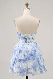 Floral White Blue Keyhole Strapless A-Line Homecoming Dress