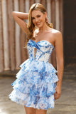 Floral White Blue Keyhole Strapless A-Line Homecoming Dress
