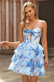 Floral White Blue Keyhole Strapless A-Line Homecoming Dress