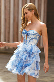 Floral White Blue Keyhole Strapless A-Line Homecoming Dress