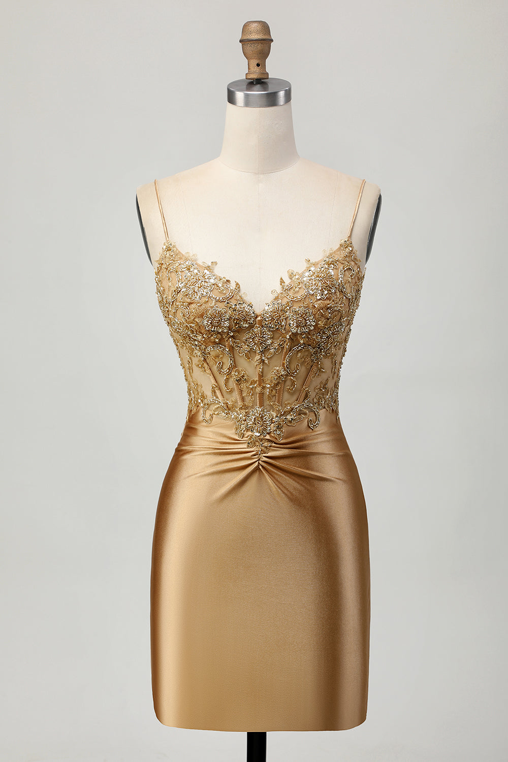 Golden Bodycon Corset Appliqued Short Homecoming Dress with Lace Up Back