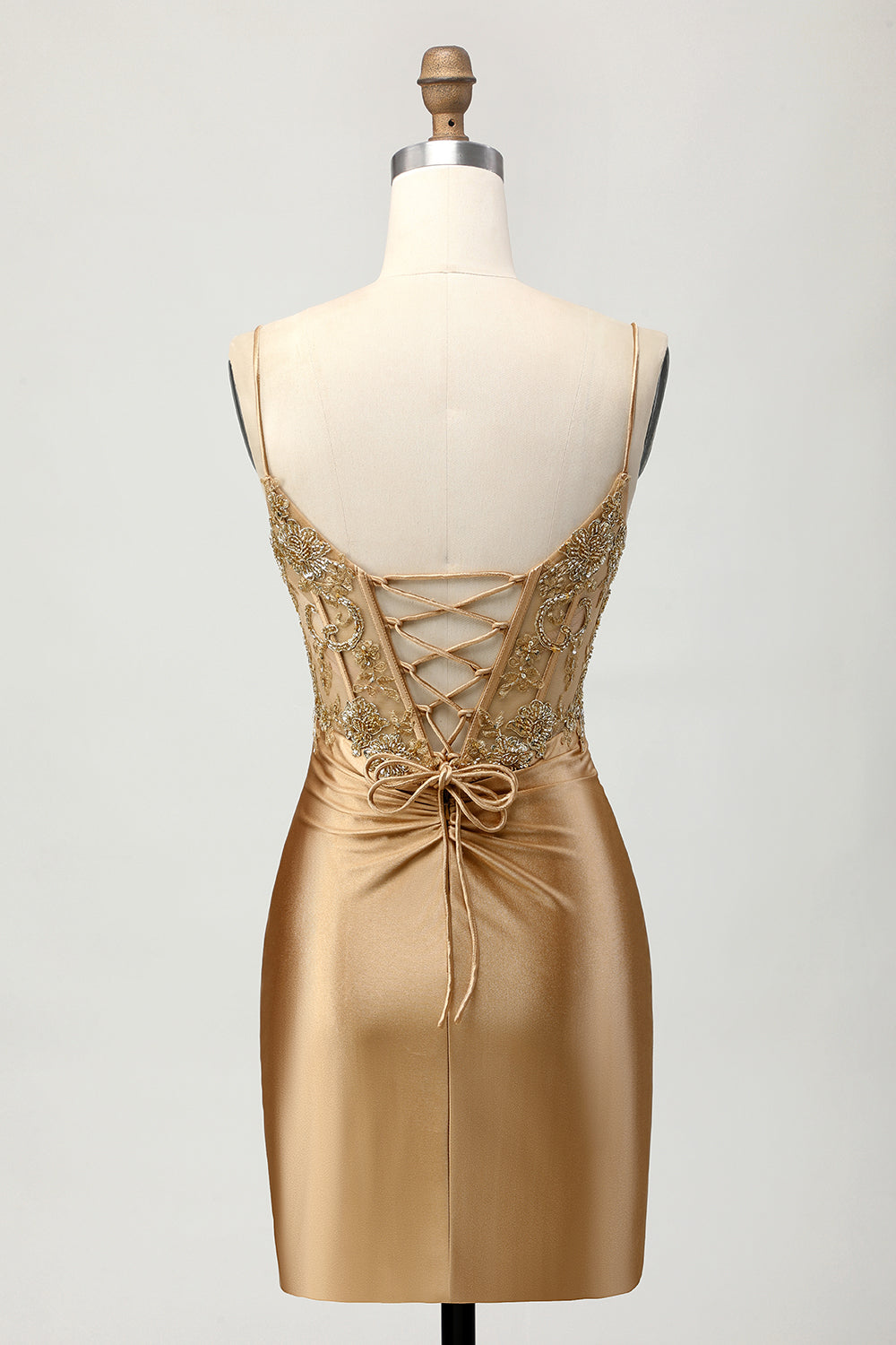 Golden Bodycon Corset Appliqued Short Homecoming Dress with Lace Up Back