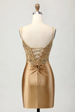 Golden Bodycon Corset Appliqued Short Homecoming Dress with Lace Up Back