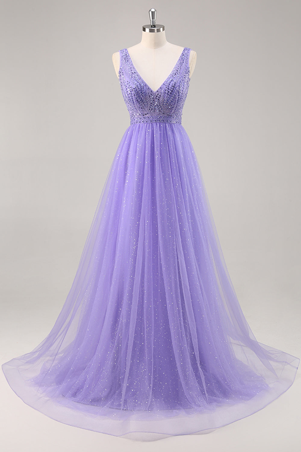 Beaded Purple Glitter A Line Prom Dress