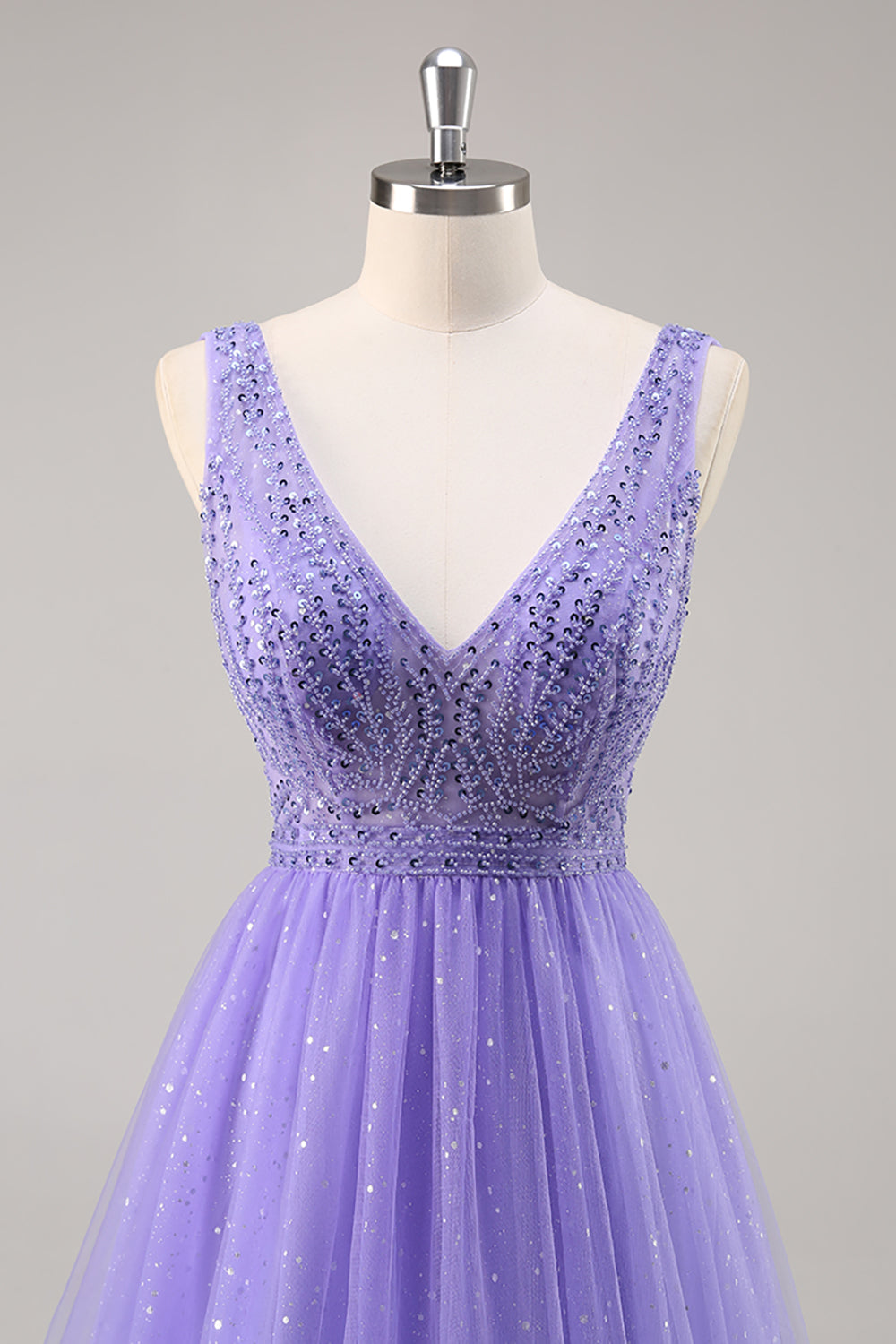 Beaded Purple Glitter A Line Prom Dress