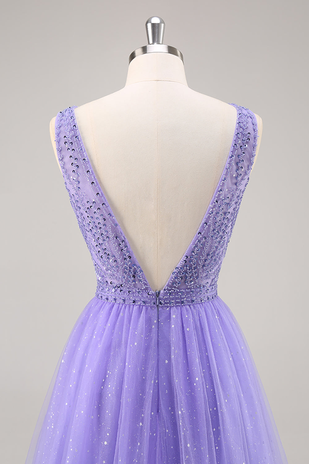 Beaded Purple Glitter A Line Prom Dress