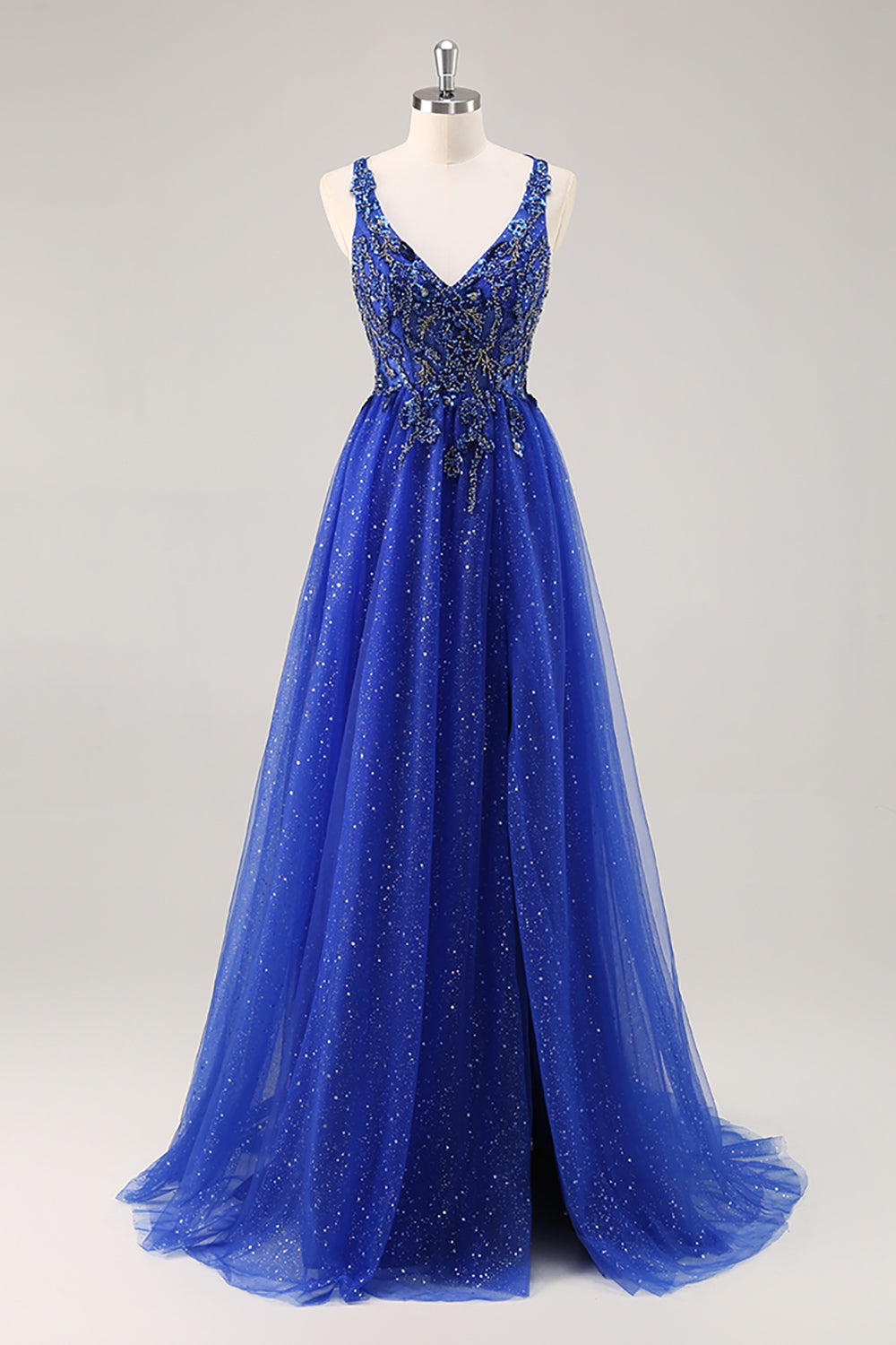 Glitter Royal Blue A Line Appliqued Prom Dress with Slit