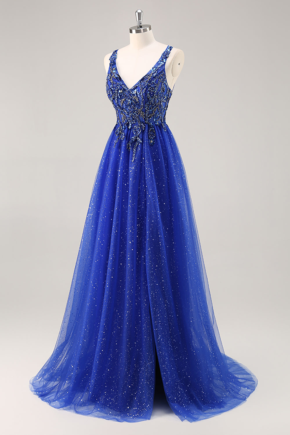 Glitter Royal Blue A Line Appliqued Prom Dress with Slit