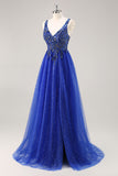 Glitter Royal Blue A Line Appliqued Prom Dress with Slit