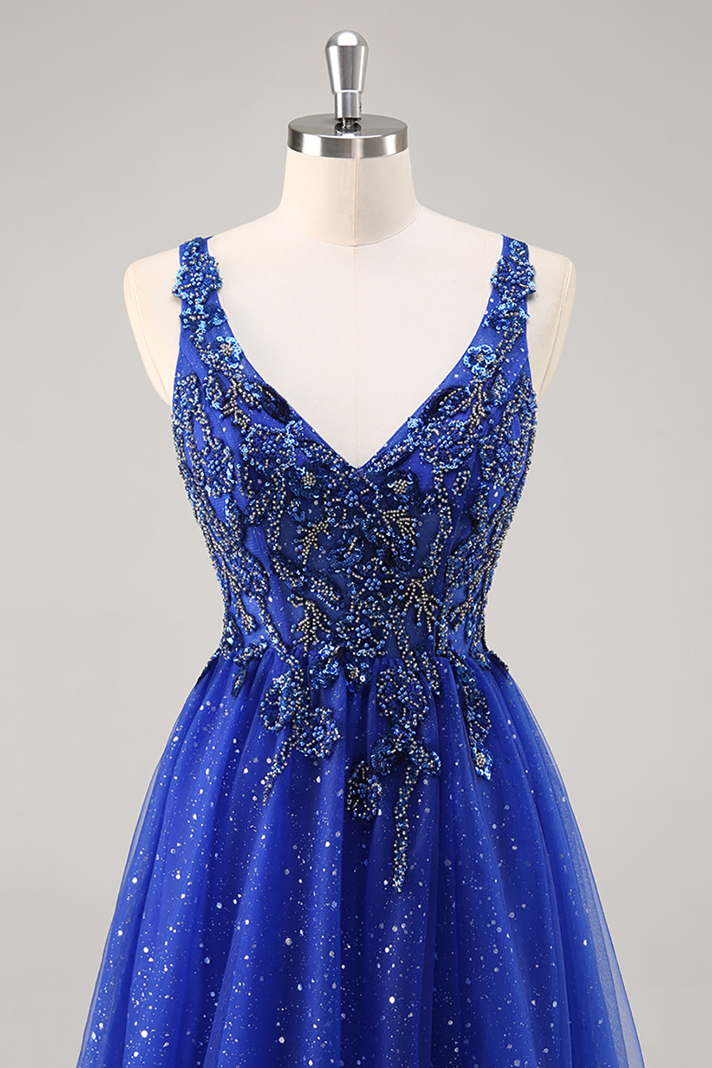 Glitter Royal Blue A Line Appliqued Prom Dress with Slit
