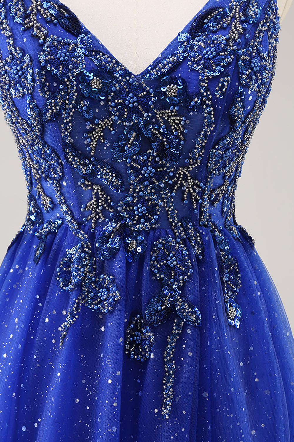 Glitter Royal Blue A Line Appliqued Prom Dress with Slit