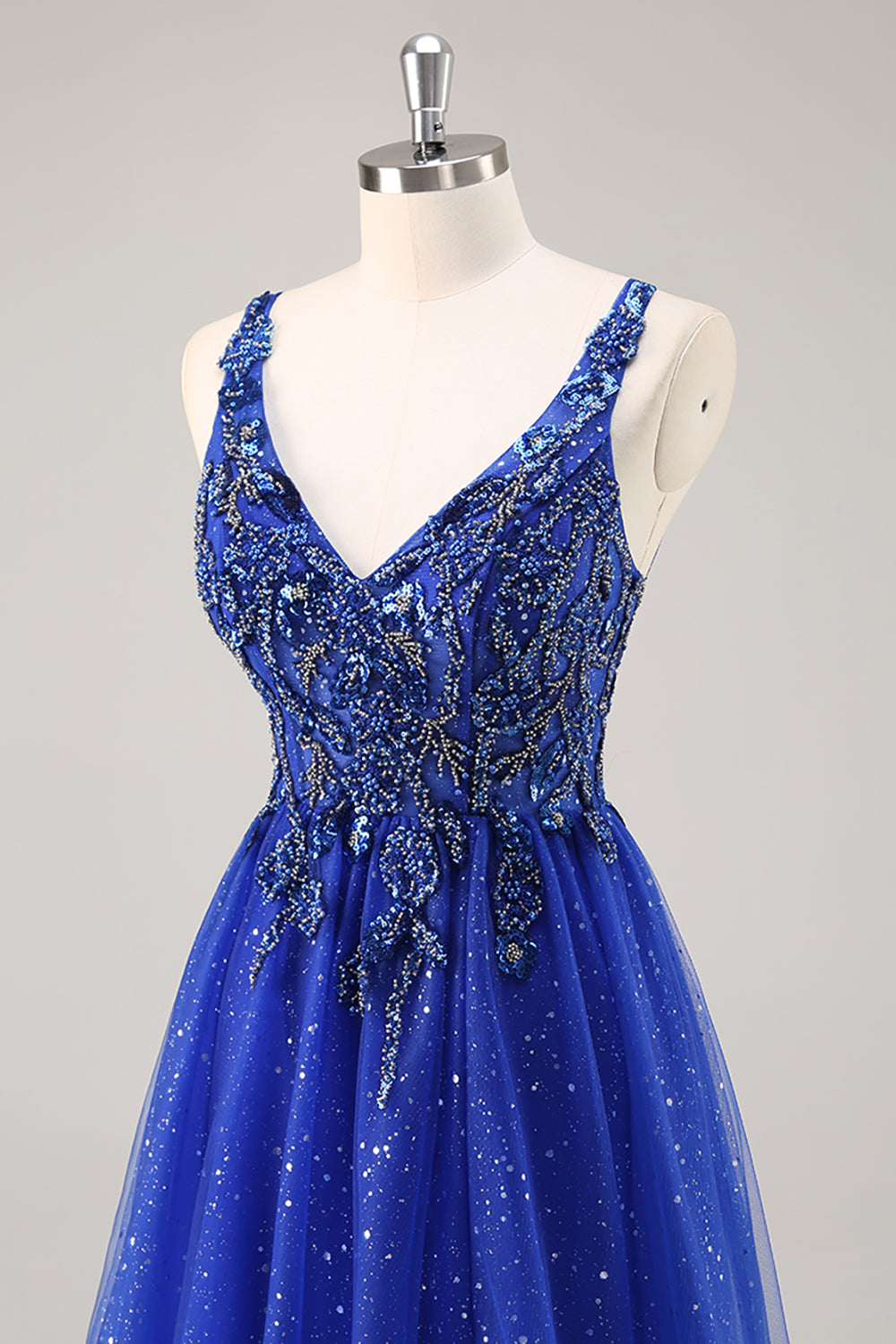 Glitter Royal Blue A Line Appliqued Prom Dress with Slit