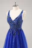 Glitter Royal Blue A Line Appliqued Prom Dress with Slit