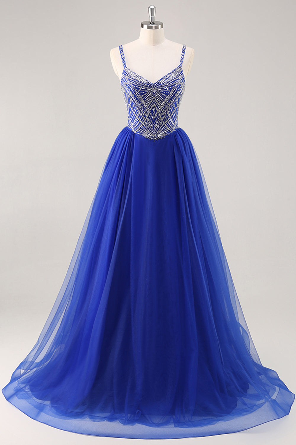Royal Blue A Line Tulle Prom Dress with Beading