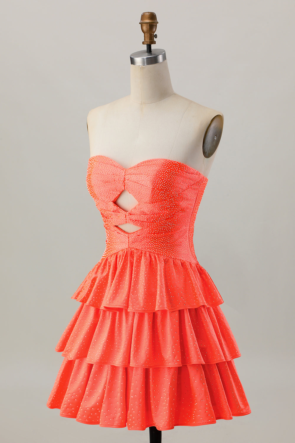 Orange Cut Out Tiered A Line Strapless Homecoming Dress with Beading