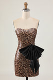 Khaki Leopard Strapless Sequined Tight Homecoming Dress With Bow