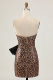 Khaki Leopard Strapless Sequined Tight Homecoming Dress With Bow