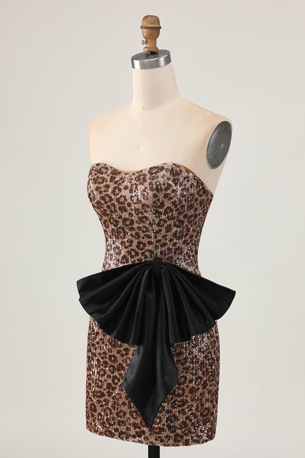 Khaki Leopard Strapless Sequined Tight Homecoming Dress With Bow