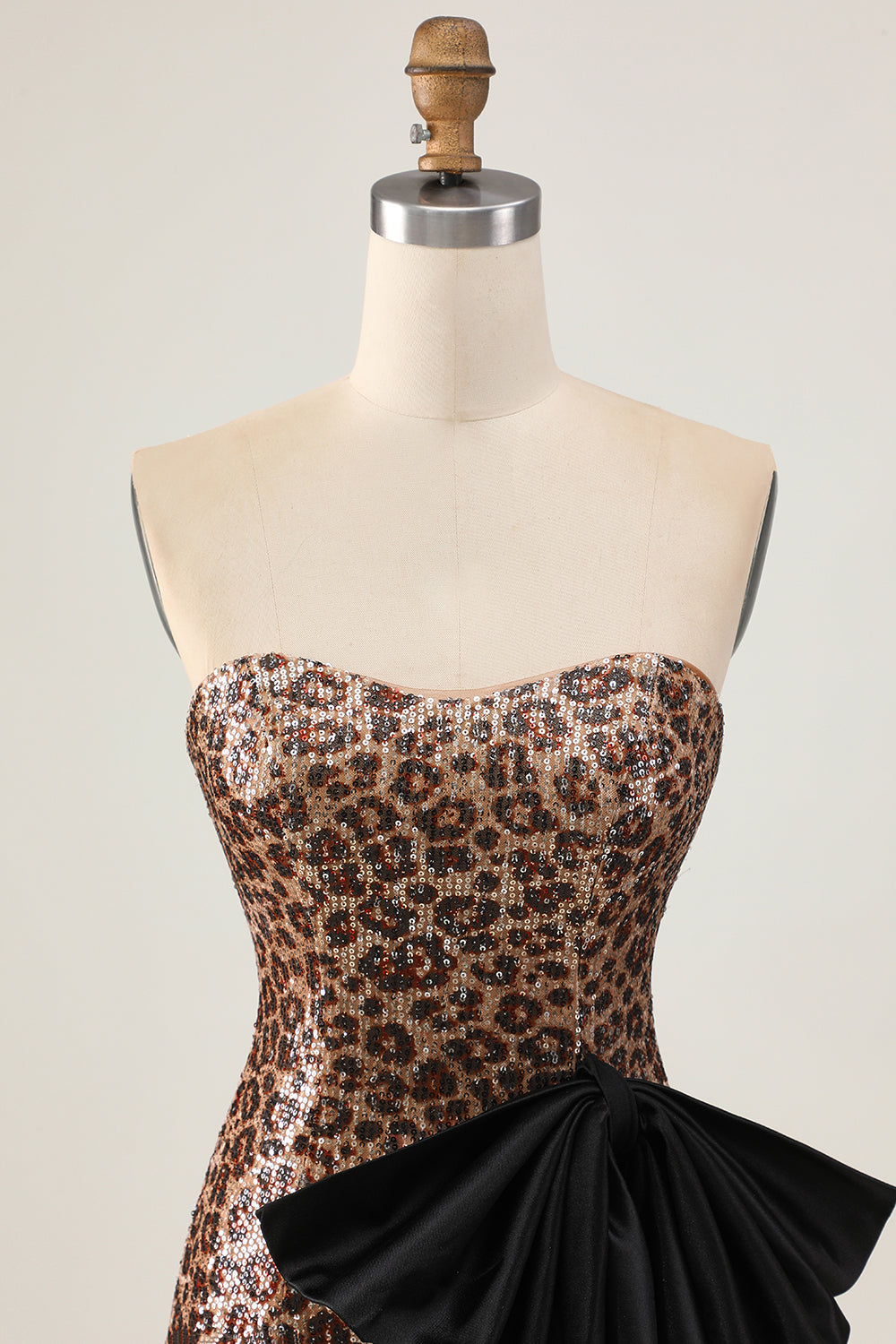 Khaki Leopard Strapless Sequined Tight Homecoming Dress With Bow
