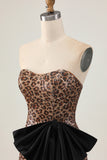Khaki Leopard Strapless Sequined Tight Homecoming Dress With Bow