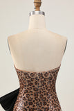 Khaki Leopard Strapless Sequined Tight Homecoming Dress With Bow
