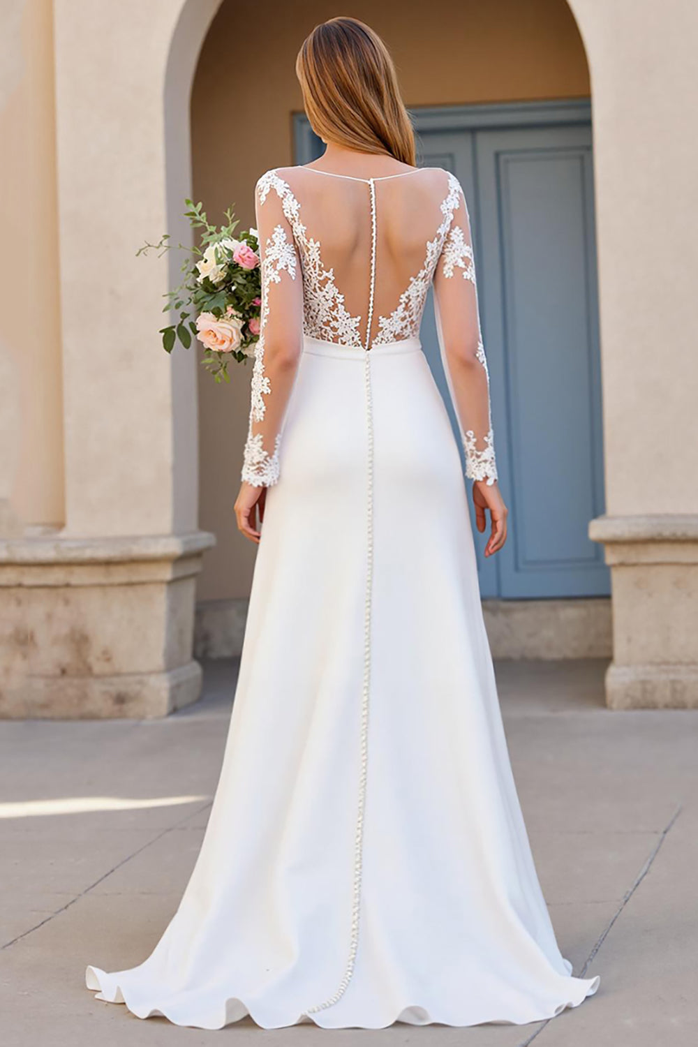 Ivory A Line V Neck Long Sleeve Wedding Dress with Appliques