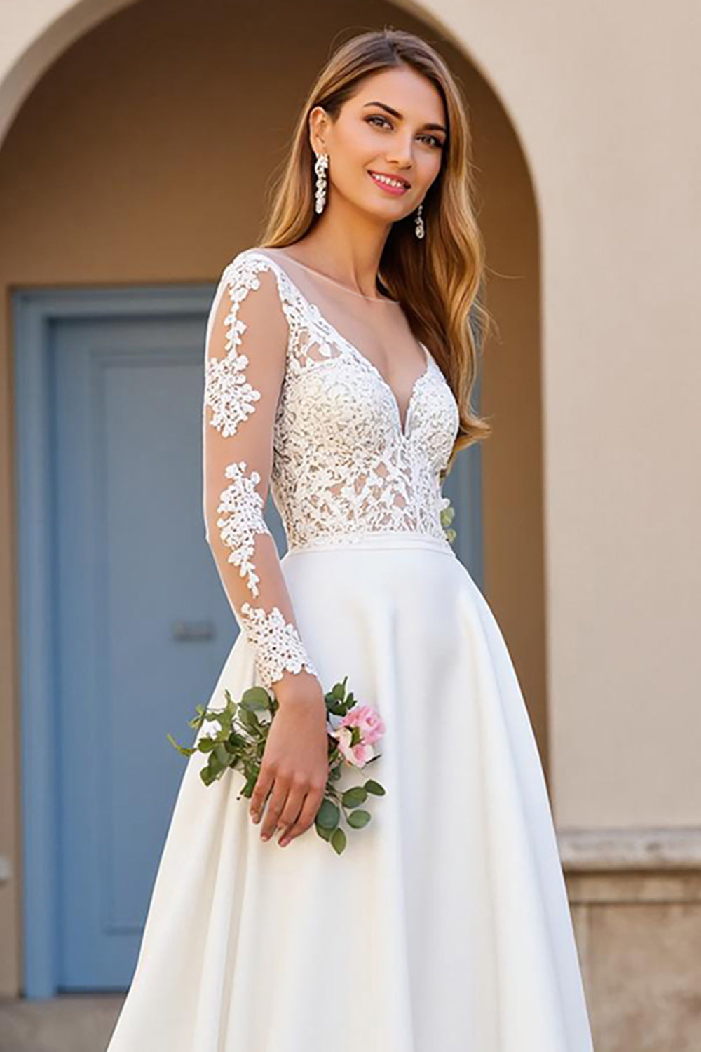 Ivory A Line V Neck Long Sleeve Wedding Dress with Appliques