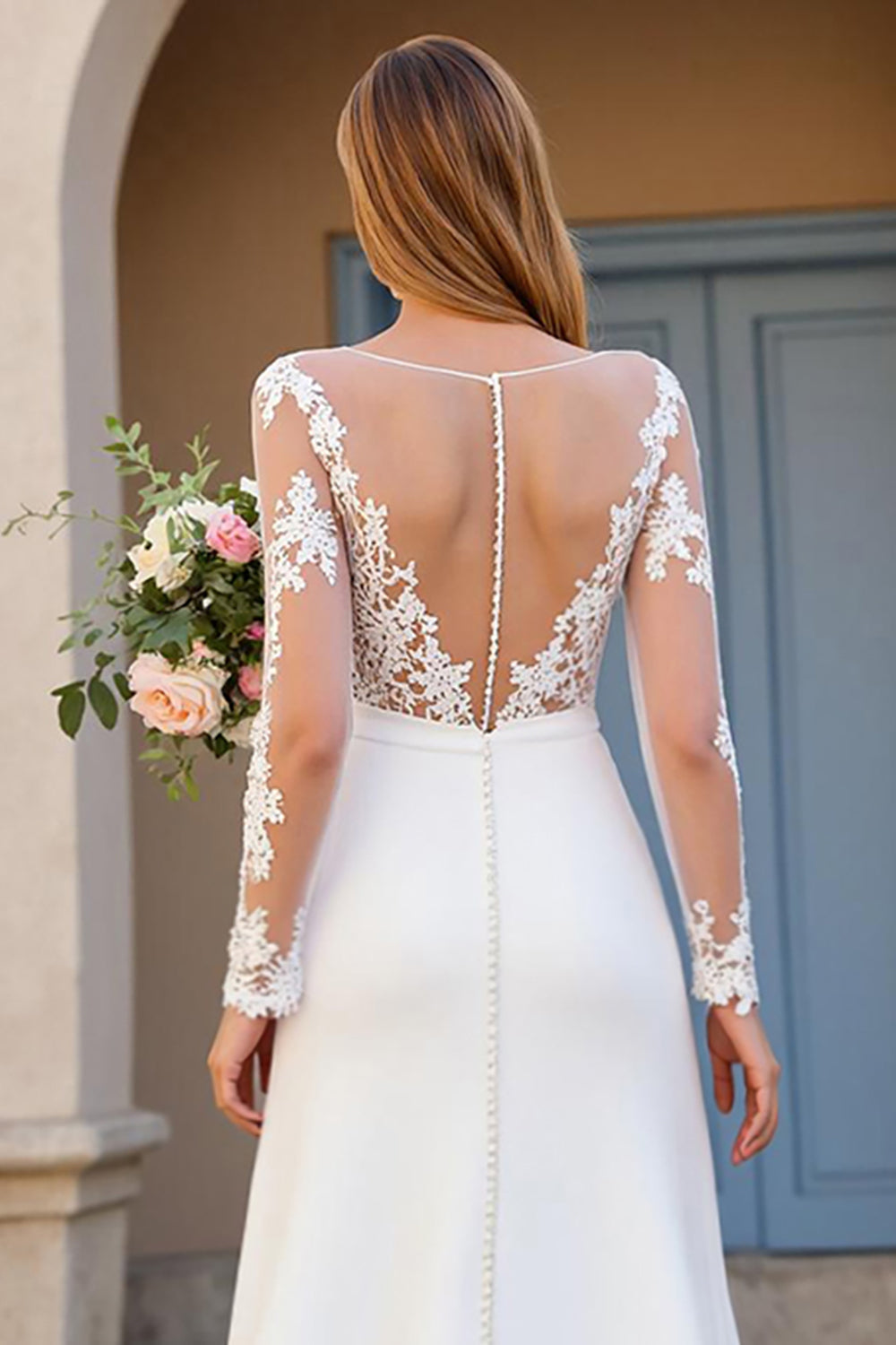 Ivory A Line V Neck Long Sleeve Wedding Dress with Appliques