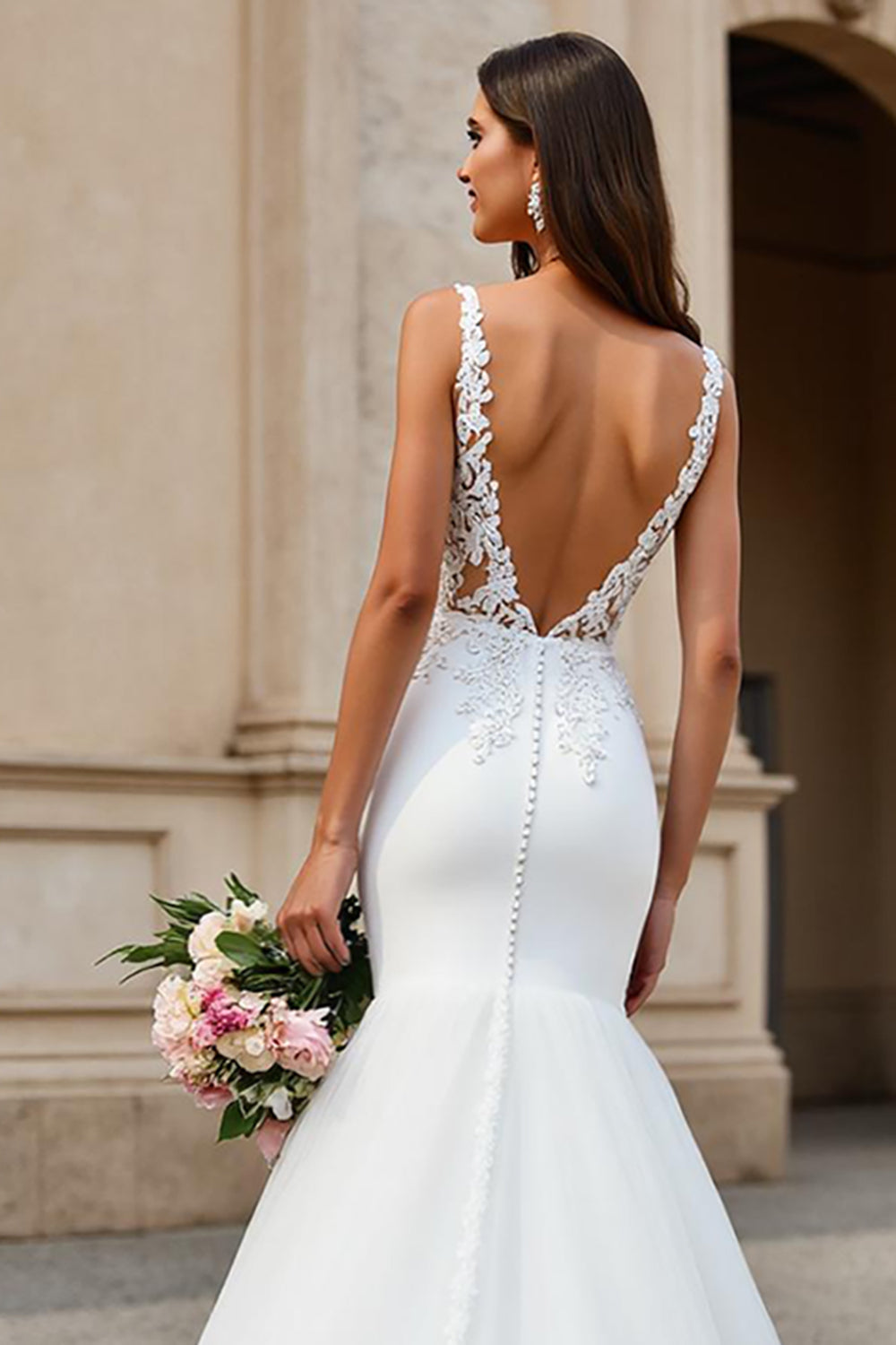Mermaid Lace Ivory V-Neck Long Wedding Dress