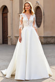 Ivory A Line V-Neck Floor Length Wedding Dress with Lace
