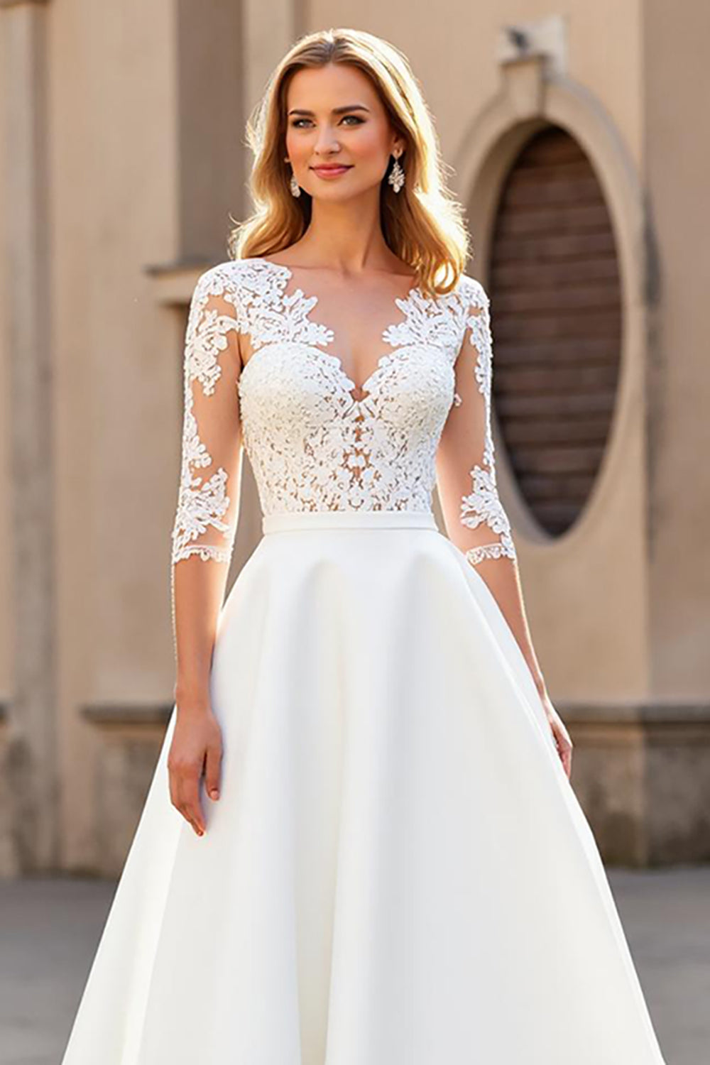 Ivory A Line V-Neck Floor Length Wedding Dress with Lace