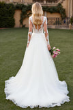 V-Neck A Line Long Sleeve Ivory Wedding Dress with Appliques