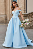 Off The Shoulder Sky Blue A Line Long Wedding Dress