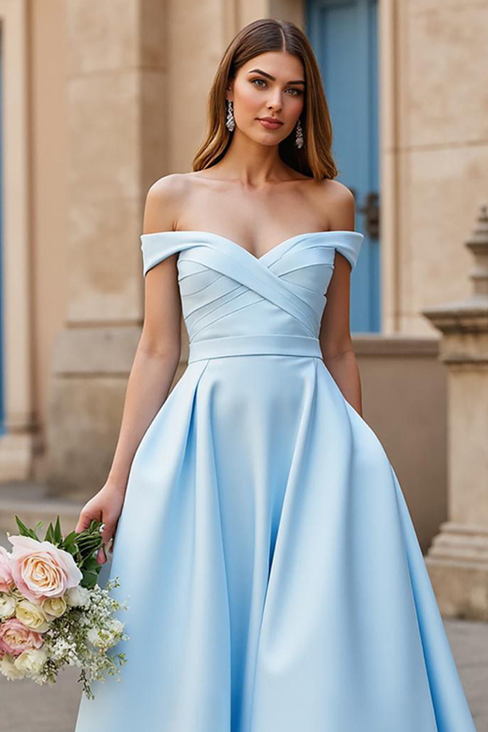 Off The Shoulder Sky Blue A Line Long Wedding Dress