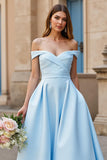 Off The Shoulder Sky Blue A Line Long Wedding Dress