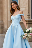 Off The Shoulder Sky Blue A Line Long Wedding Dress
