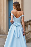 Off The Shoulder Sky Blue A Line Long Wedding Dress