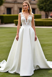 Ivory A Line Long Wedding Dress with Lace
