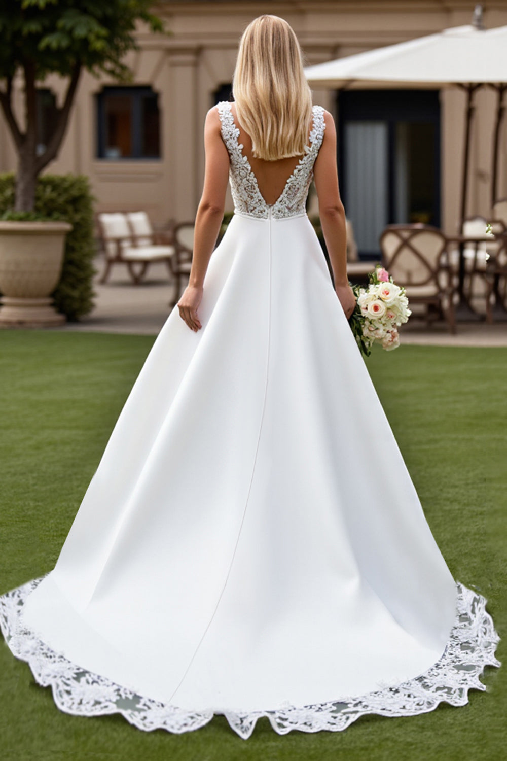 Ivory A Line Long Wedding Dress with Lace