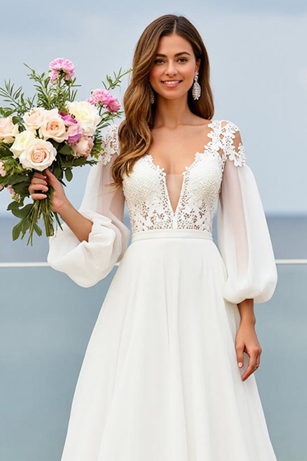 Ivory A Line Long Sleeve Wedding Dress with Appliques