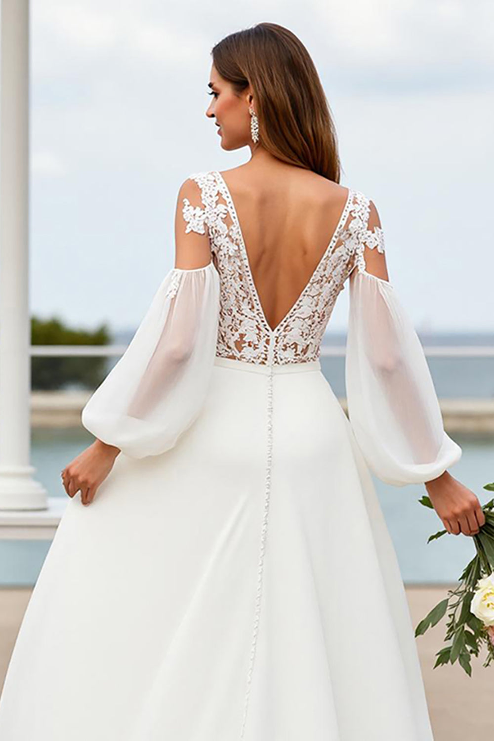 Ivory A Line Long Sleeve Wedding Dress with Appliques