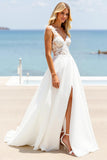 Ivory Spaghetti Straps Appliqued Wedding Dress with Slit