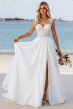 Ivory Spaghetti Straps Appliqued Wedding Dress with Slit