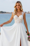 Ivory Spaghetti Straps Appliqued Wedding Dress with Slit